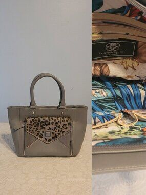 Vintage Sharif Gray Satchel Bag with Suede Accents & Floral Lining